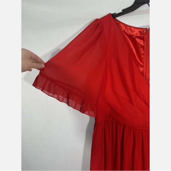 NEW $498 IEENA Mac Duggal [ 16 ] Faux Wrap Ruffle Trim A Line‎ Gown Red - Picture 11 of 15